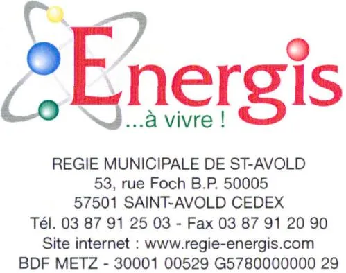 Energis ...à vivre ! REGIE MUNICIPALE DE ST-AVOLD 53, rue Foch B.P. 50005 57501 SAINT-AVOLD CEDEX Tél. 0387912503 - Fax 0387912090 Site Internet : www.regie-energis.com BDF METZ - 30001 00529 G578000000029