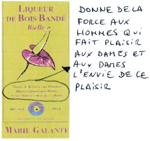 LIQUEUR DE BOIS BANDE BIELLE DONNE DE LA FORCE AUX HOMMES QUI FAIT PLAISIR AUX DAMES ET AUX DAMES L'ENVIE DE CE PLAISIR MARIE GALANTE