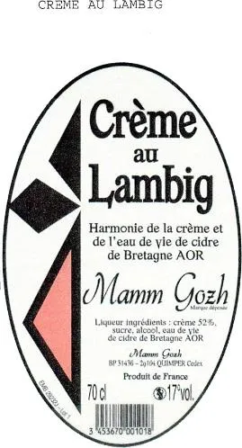 CREME AU LAMBIG Harmonie de la crème et de l'eau de vie de cidre de Bretagne AOR Mamm Gohz