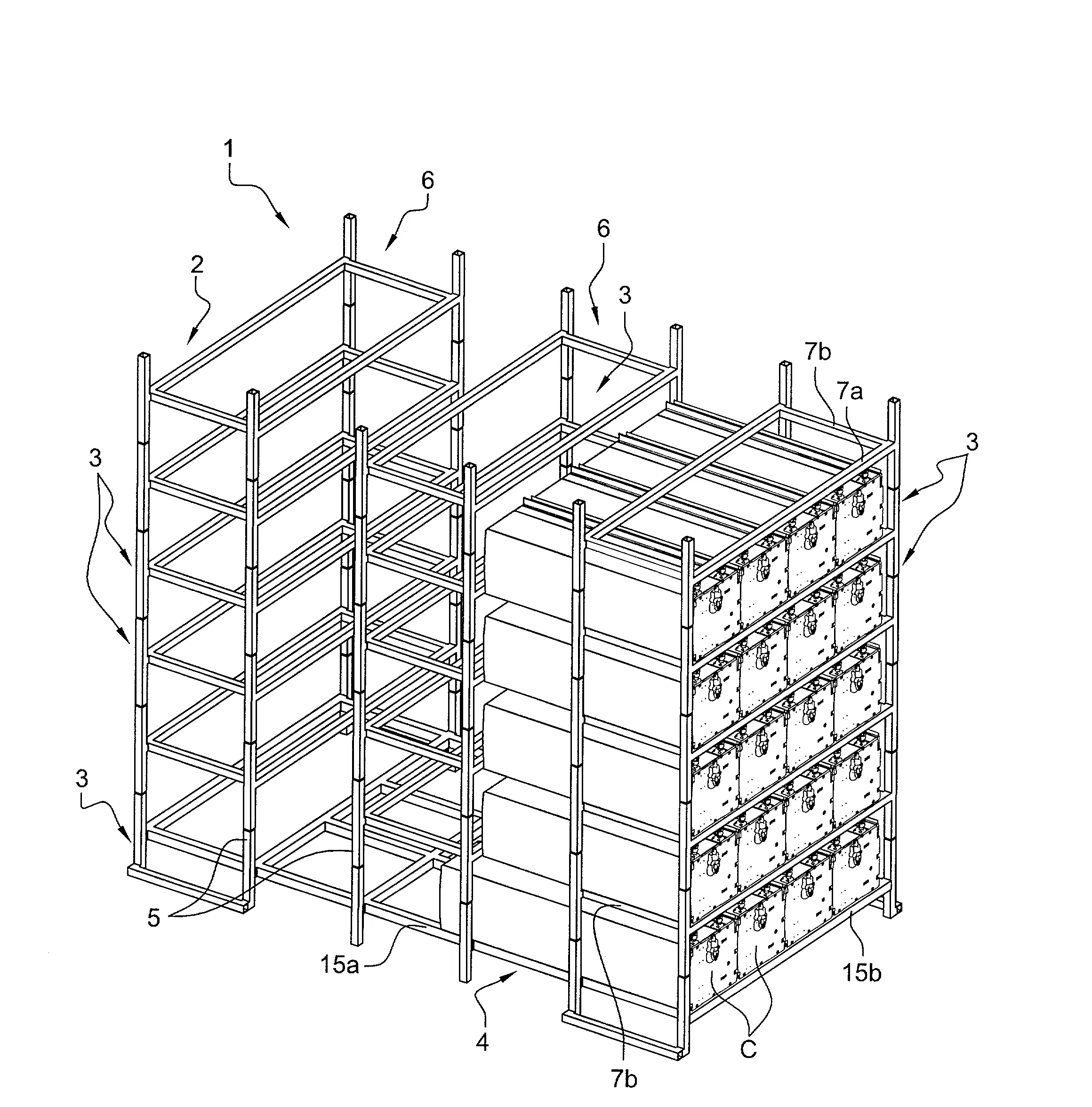 Dispositif auto-stable en forme de rayonnage pour le stockage et la manutention de volets roulants ou de coffres de volets roulants.