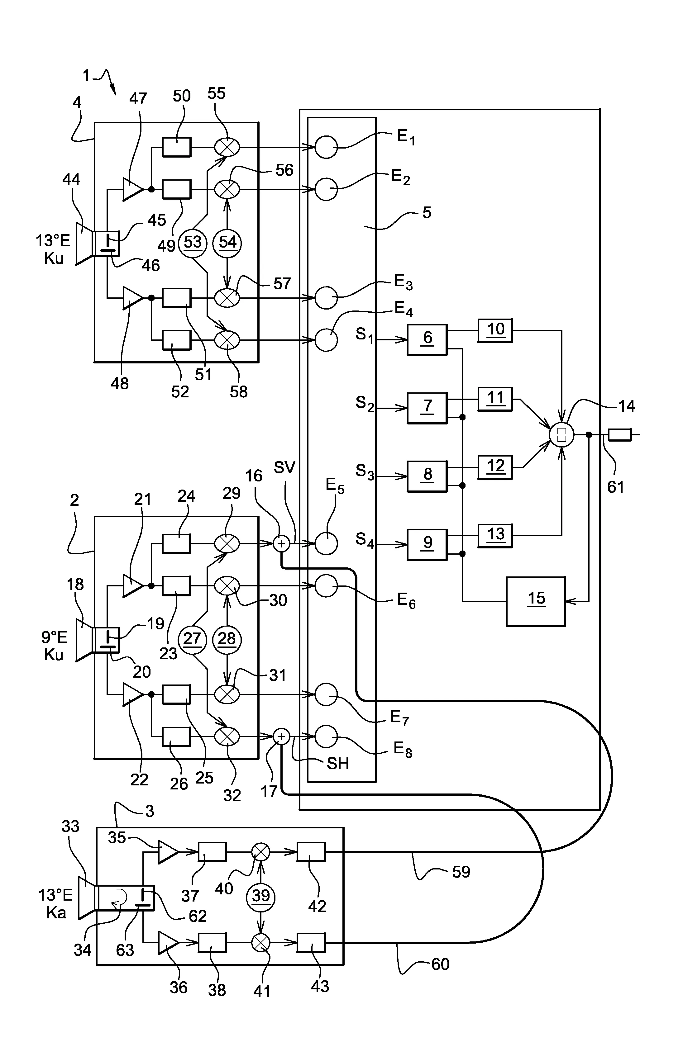 Installation de reception de signaux satellitaires hyperfrequences.