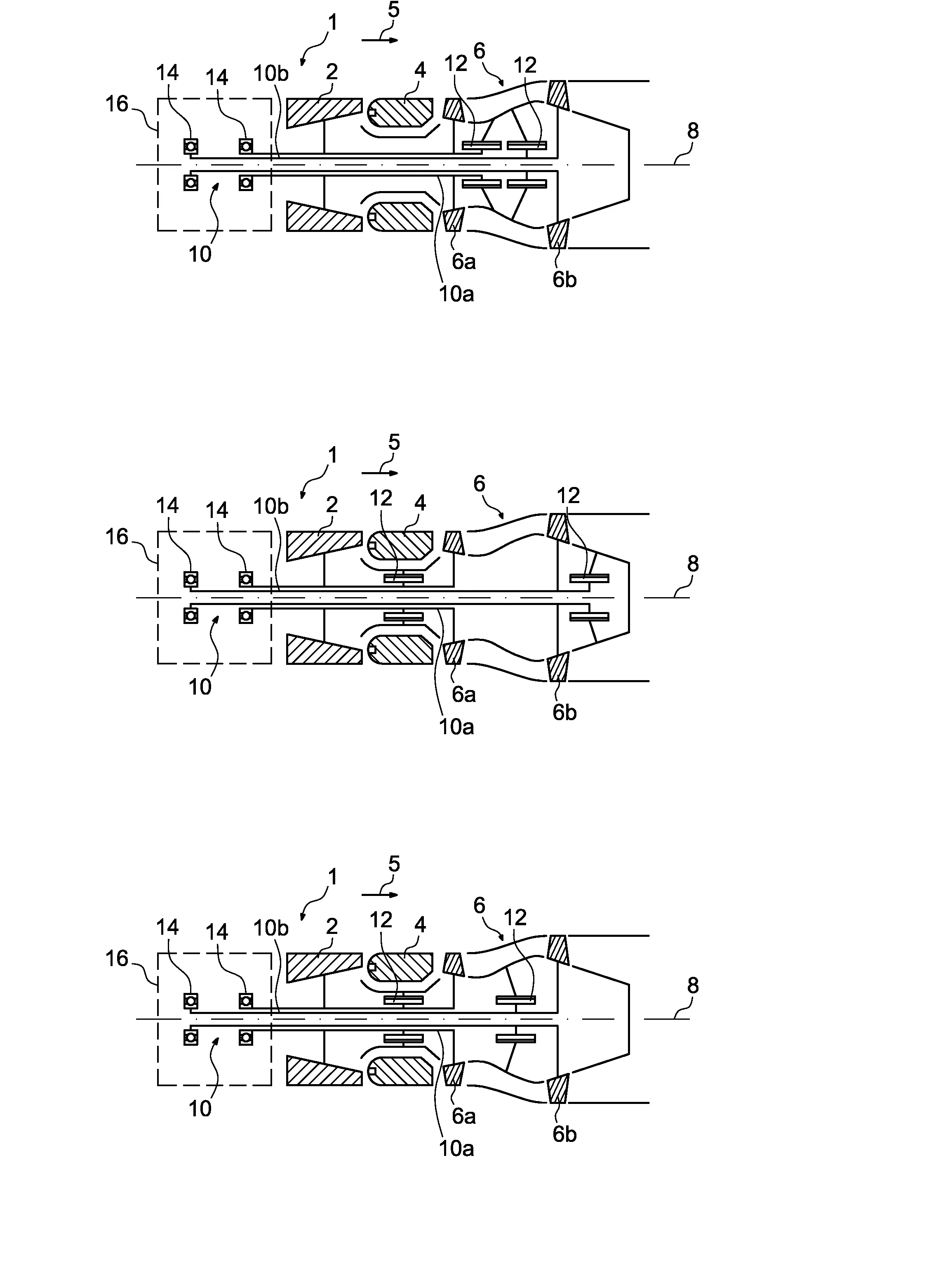 Turbomachine a paliers mixtes de support d'arbres.