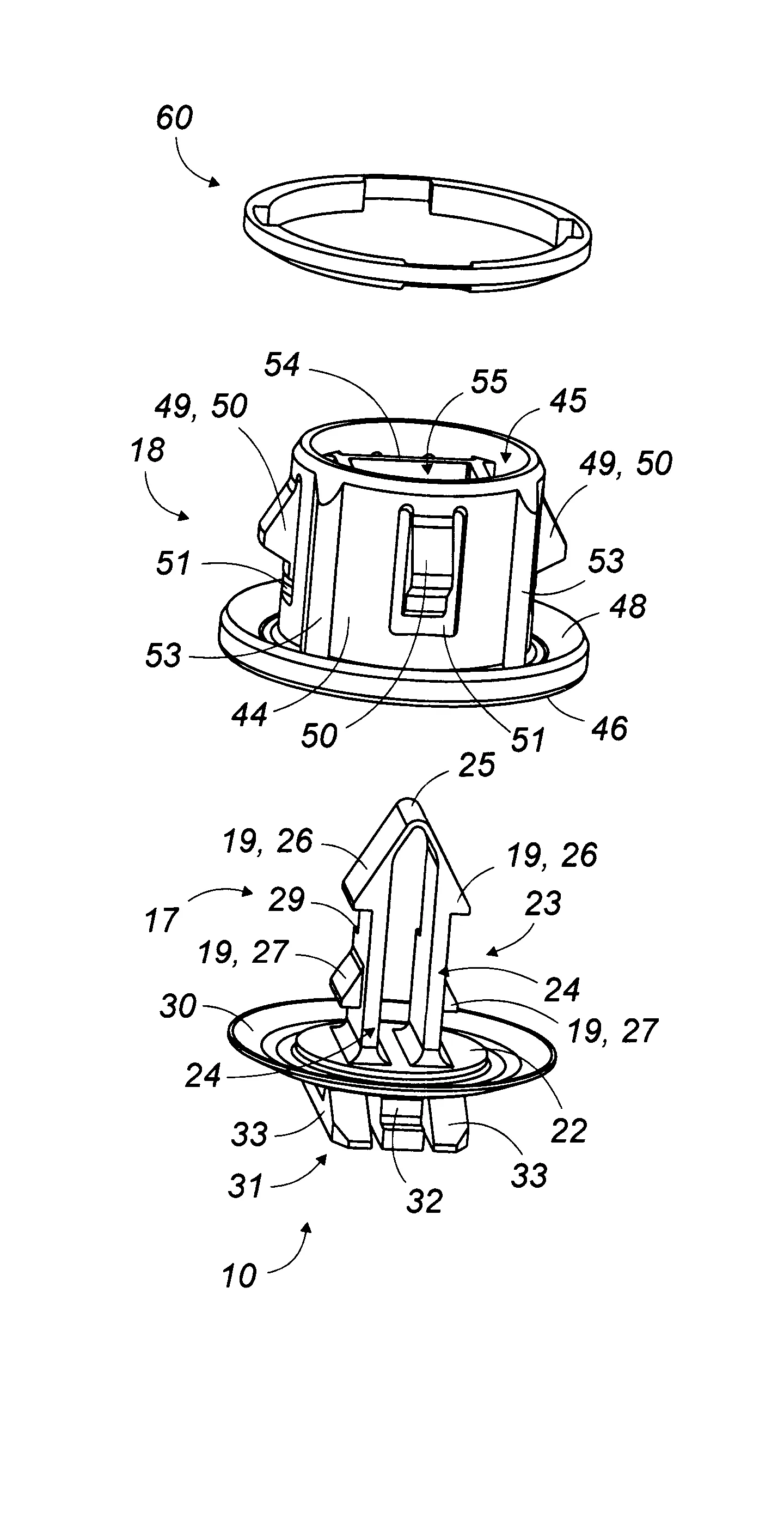 Clip de fixation a deux positions stables de maintien pour baguette, se montant par poussee perpendiculaire a la baguette