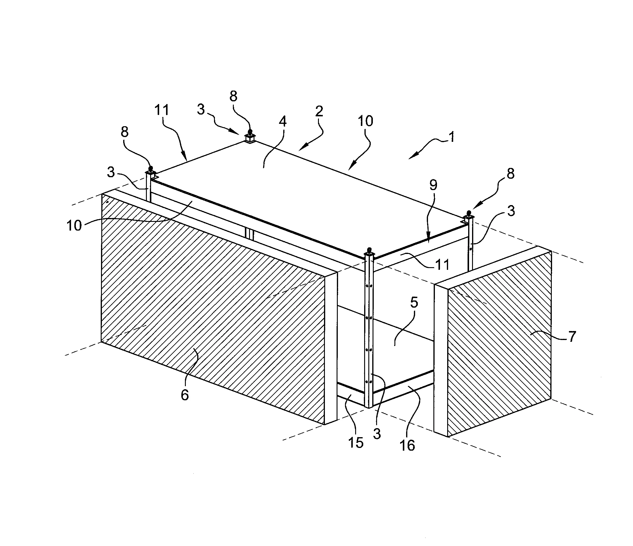Structure de construction modulaire parallelepipedique munie de moyens de prise en charge par le dessus
