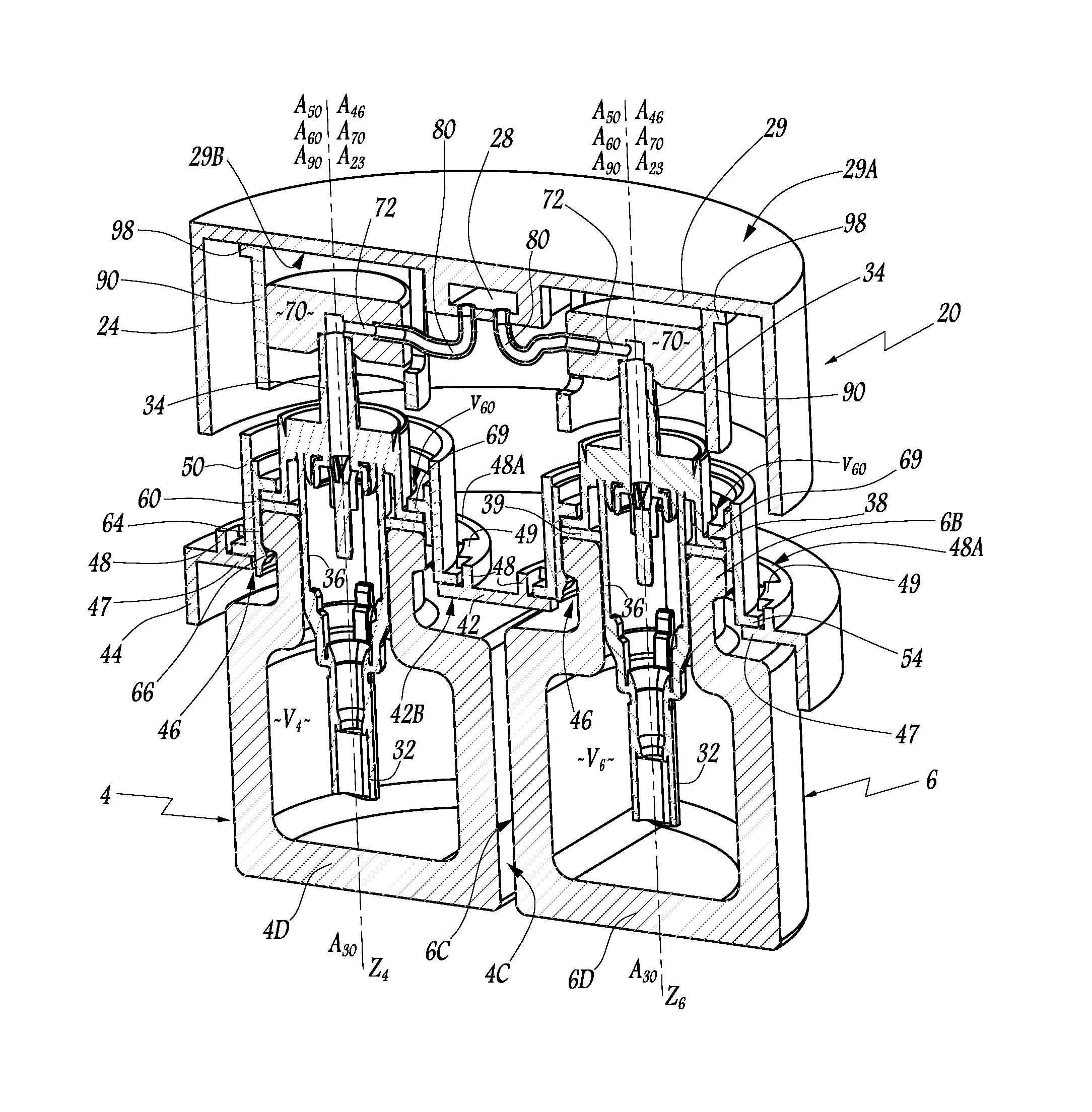 Dispositif de distribution de produits contenus dans une paire de recipients, ensemble de stockage comprenant un tel dispositif et procede de montage d'un tel dispositif