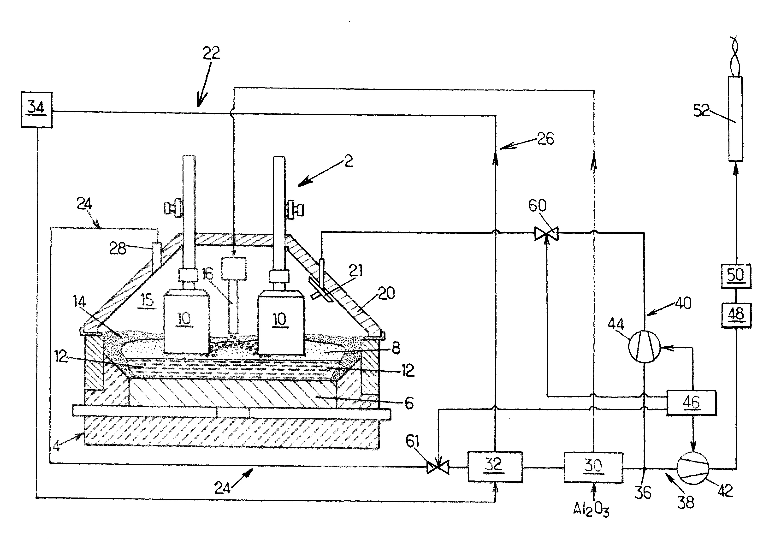 Systeme et procede de traitement avec concentration des fumees et gaz produits par une cuve d'electrolyse lors de la fabrication d'aluminium