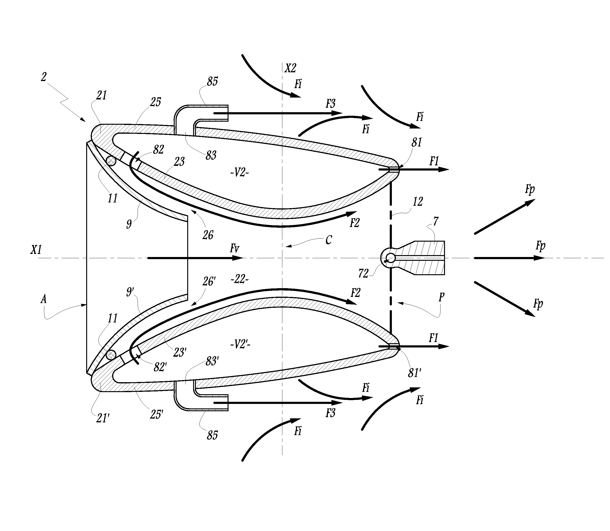 Systeme de production d'au moins un courant d'air de section transversale allongee