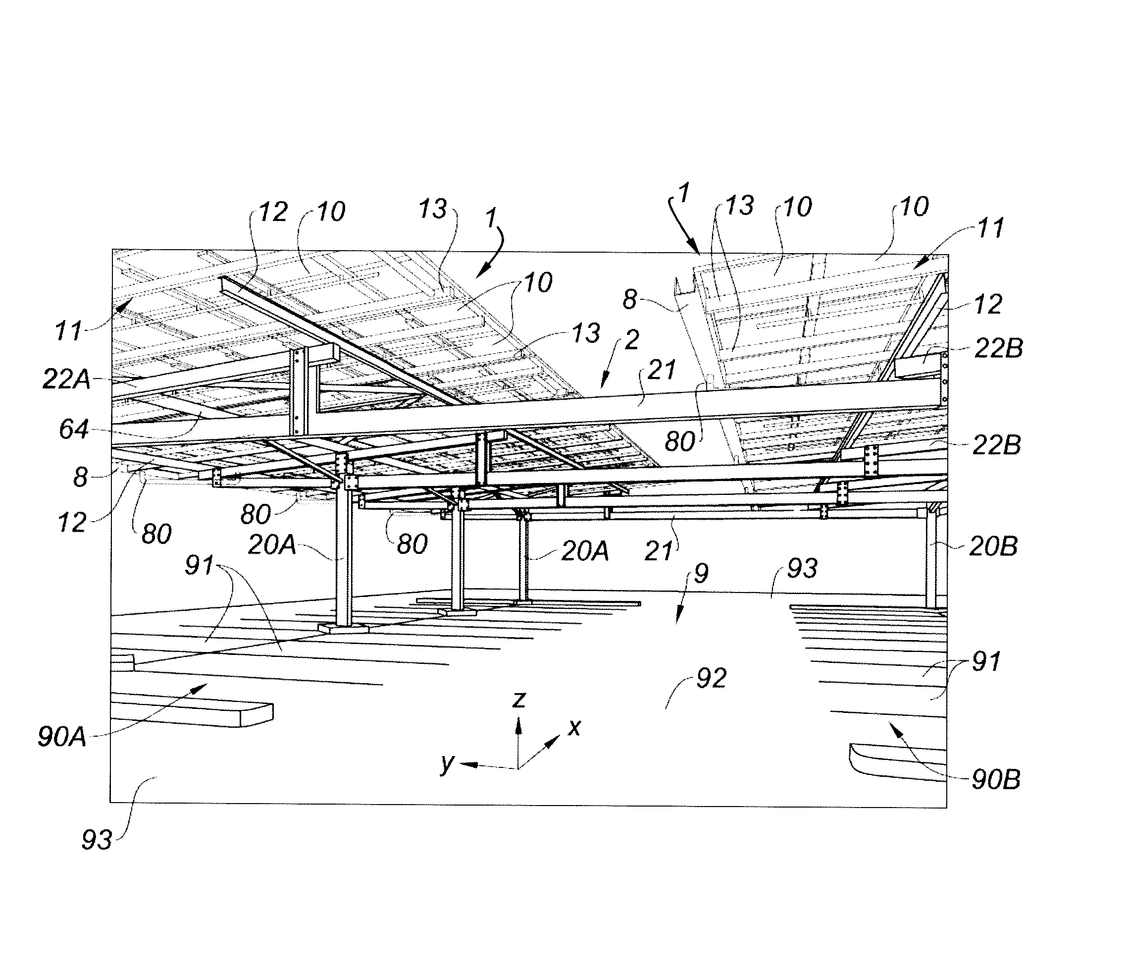 Systeme modulaire formant champ solaire et couverture d’une zone a couvrir