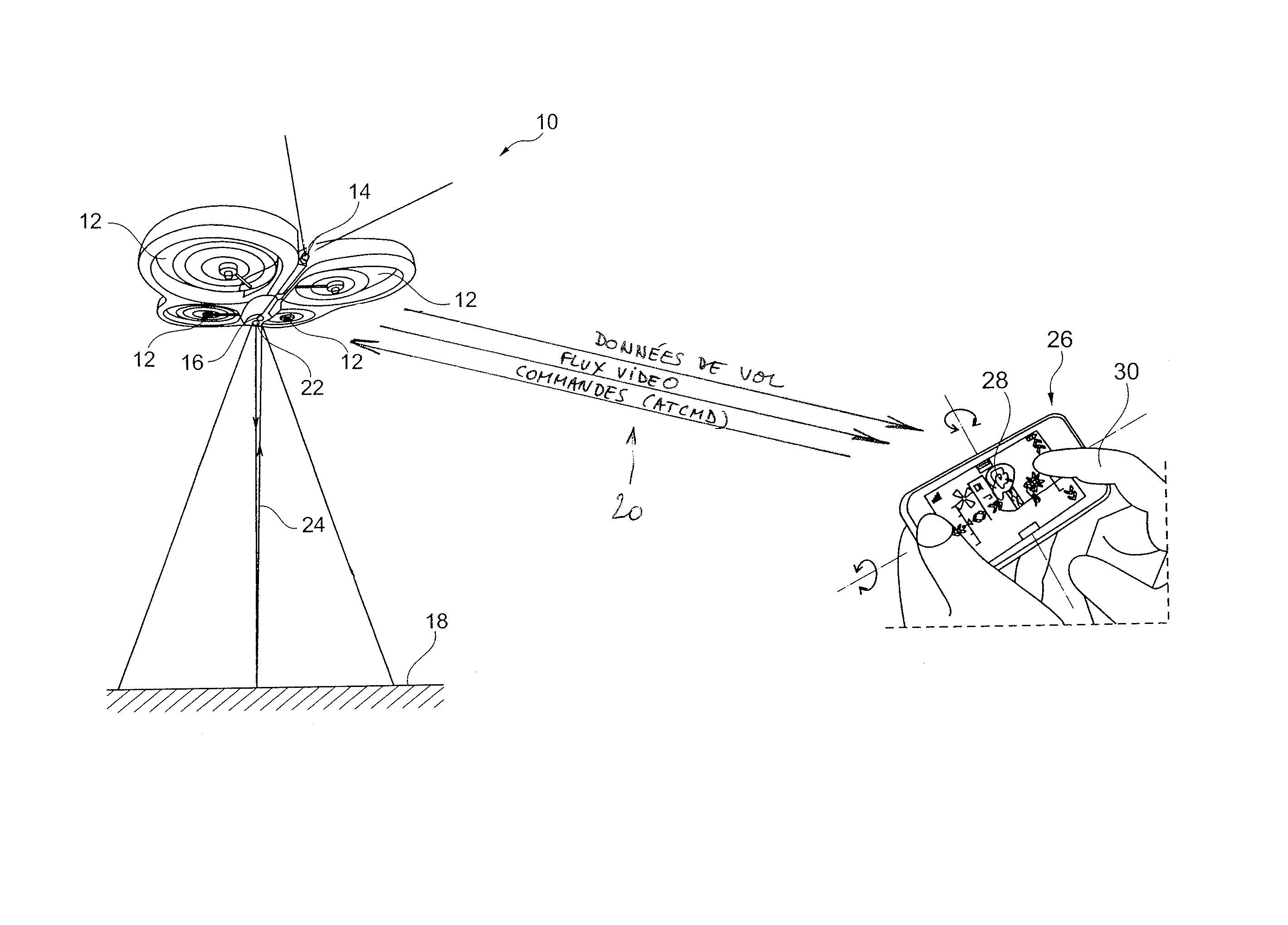 Procede de transmission de commandes et d'un flux video entre un drone et une telecommande par une liaison de type reseau sans fil.