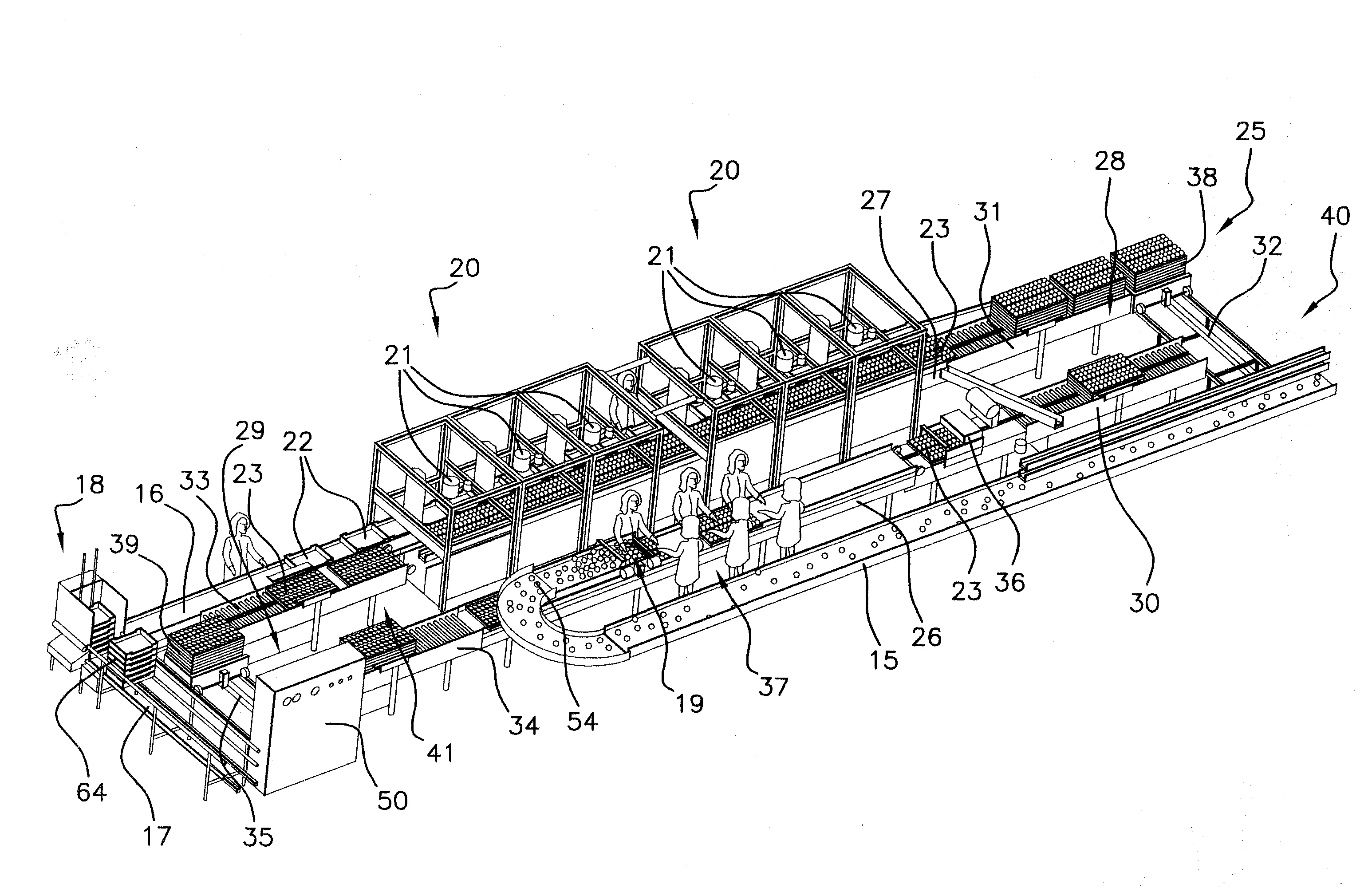 Procede et dispositif d'emballage d'objets tels que des fruits ou legumes a dispositif de convoyage intermediaire a clayettes alveolees