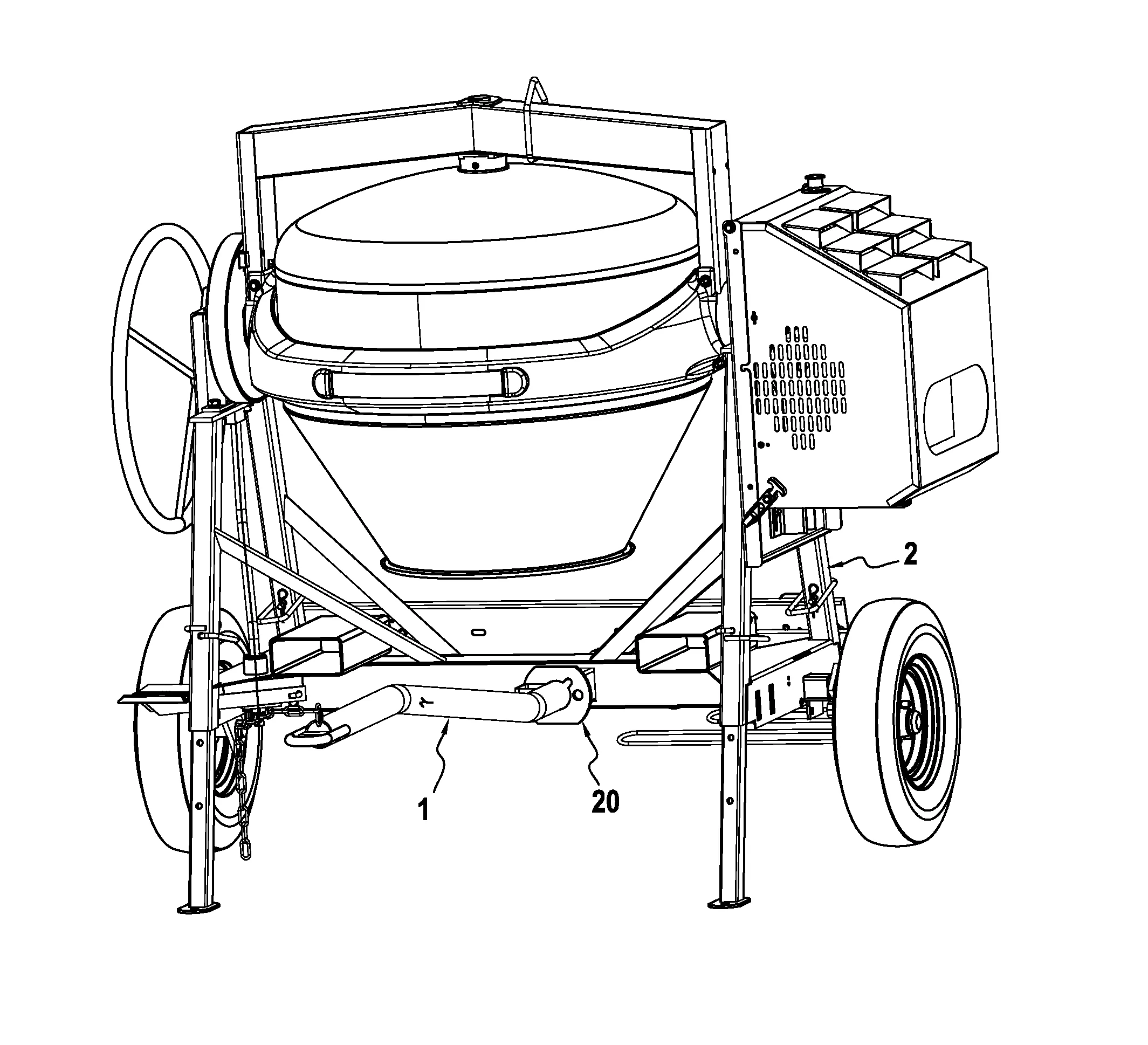 Ensemble remorquable forme d'un timon d'attelage longitudinal de section circulaire et d'une betonniere