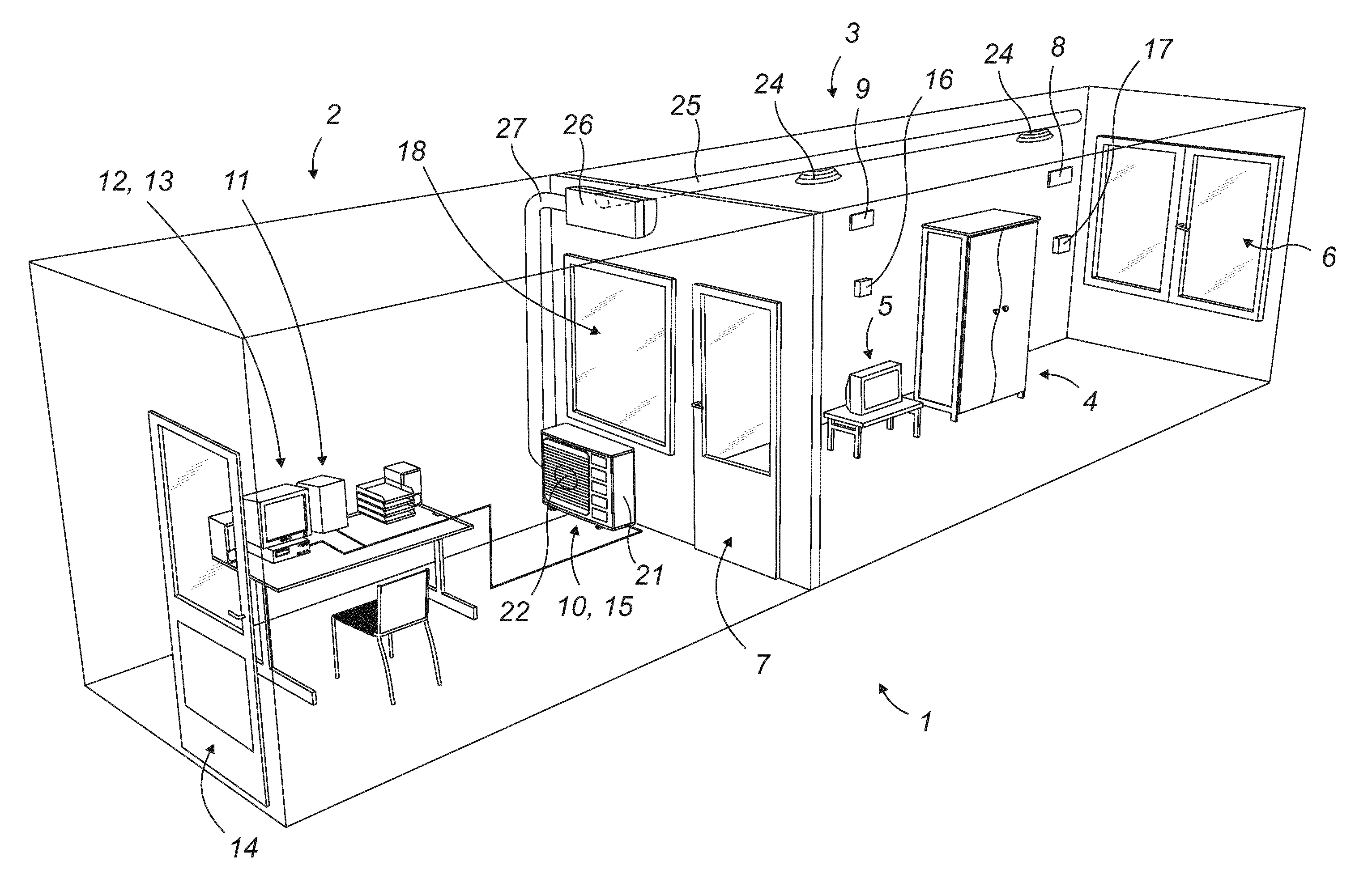 Structure renfermant un compartiment technique et une chambre de mesure pour les polluants de l'air liberes par un element d'amenagement interieur.