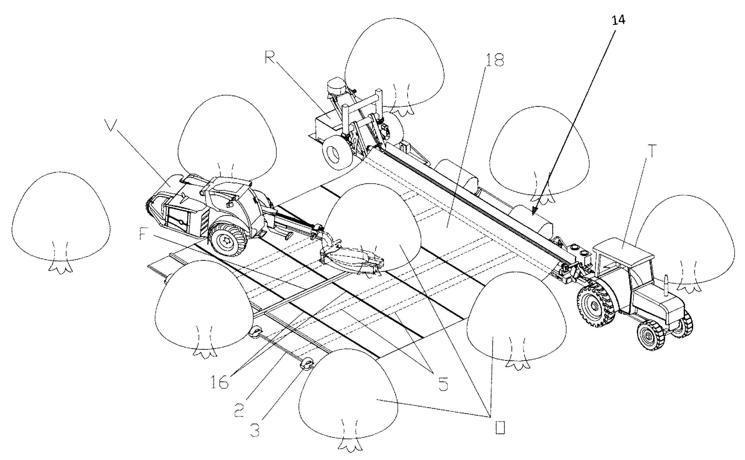 Procede et dispositif de deploiement et de retrait d'une bache de collecte de petits fruits, et machines de recolte en faisant application.