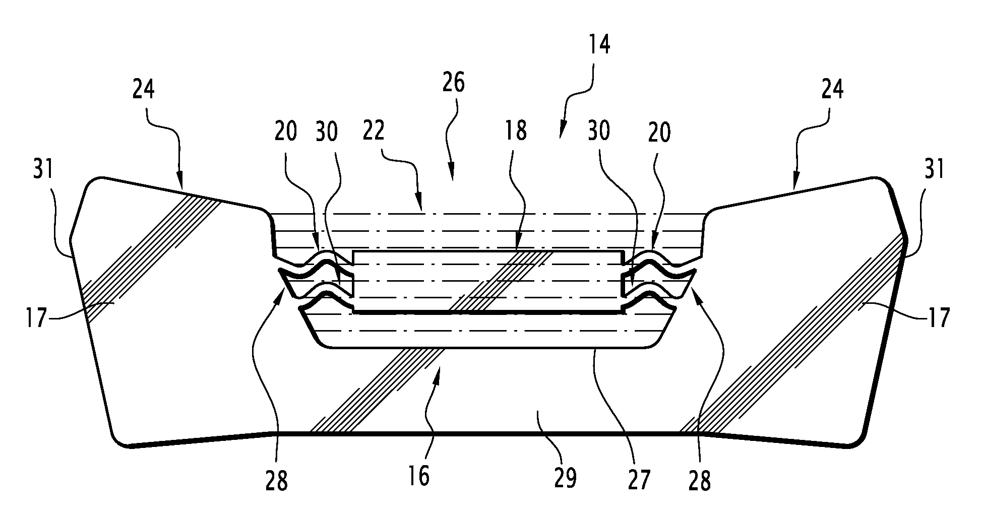 Liaison souple entre peau de pare-chocs et element d'absorption central.