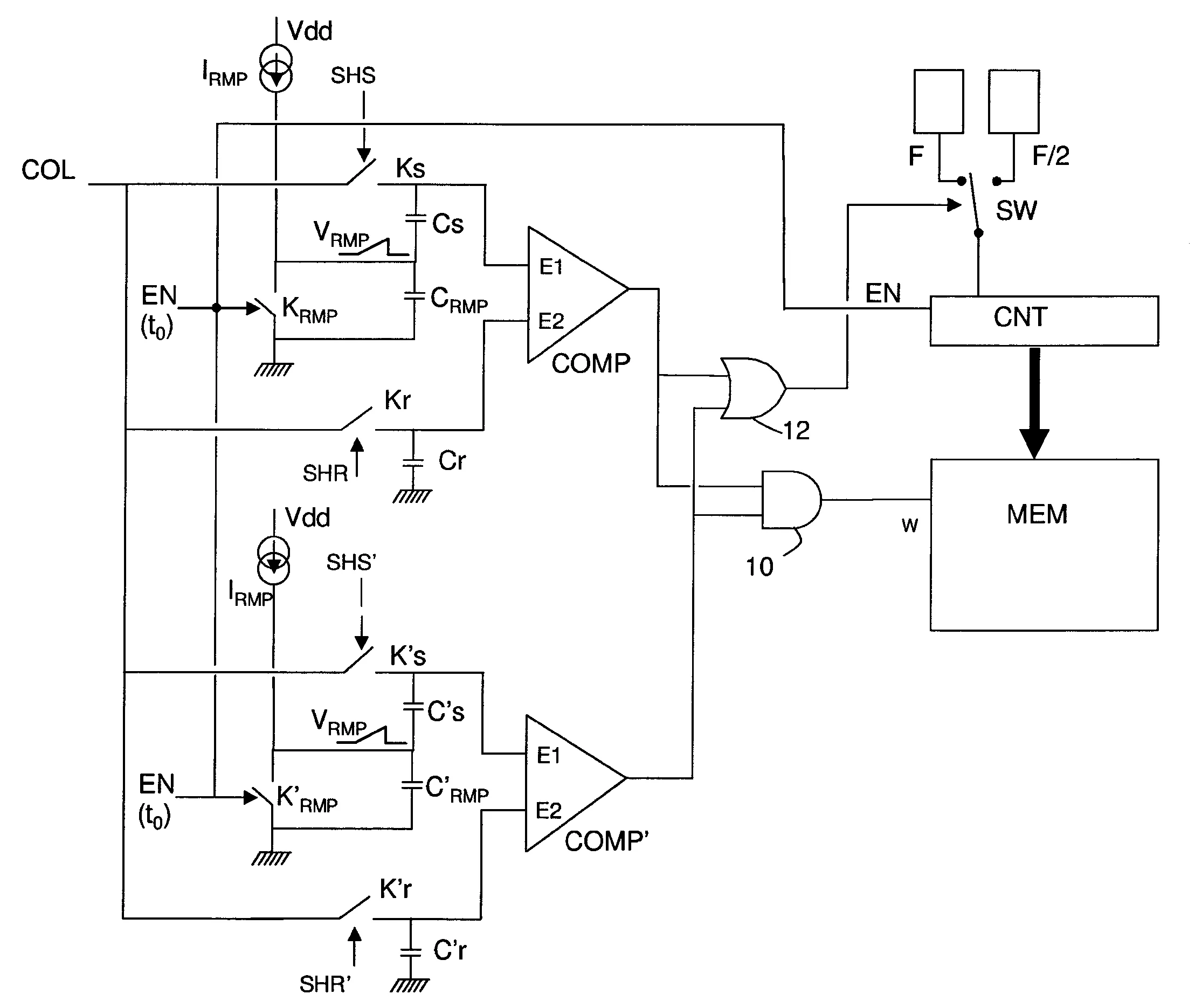 Convertisseur analogique-numerique a rampe apte a fournir directement une moyenne de deux signaux