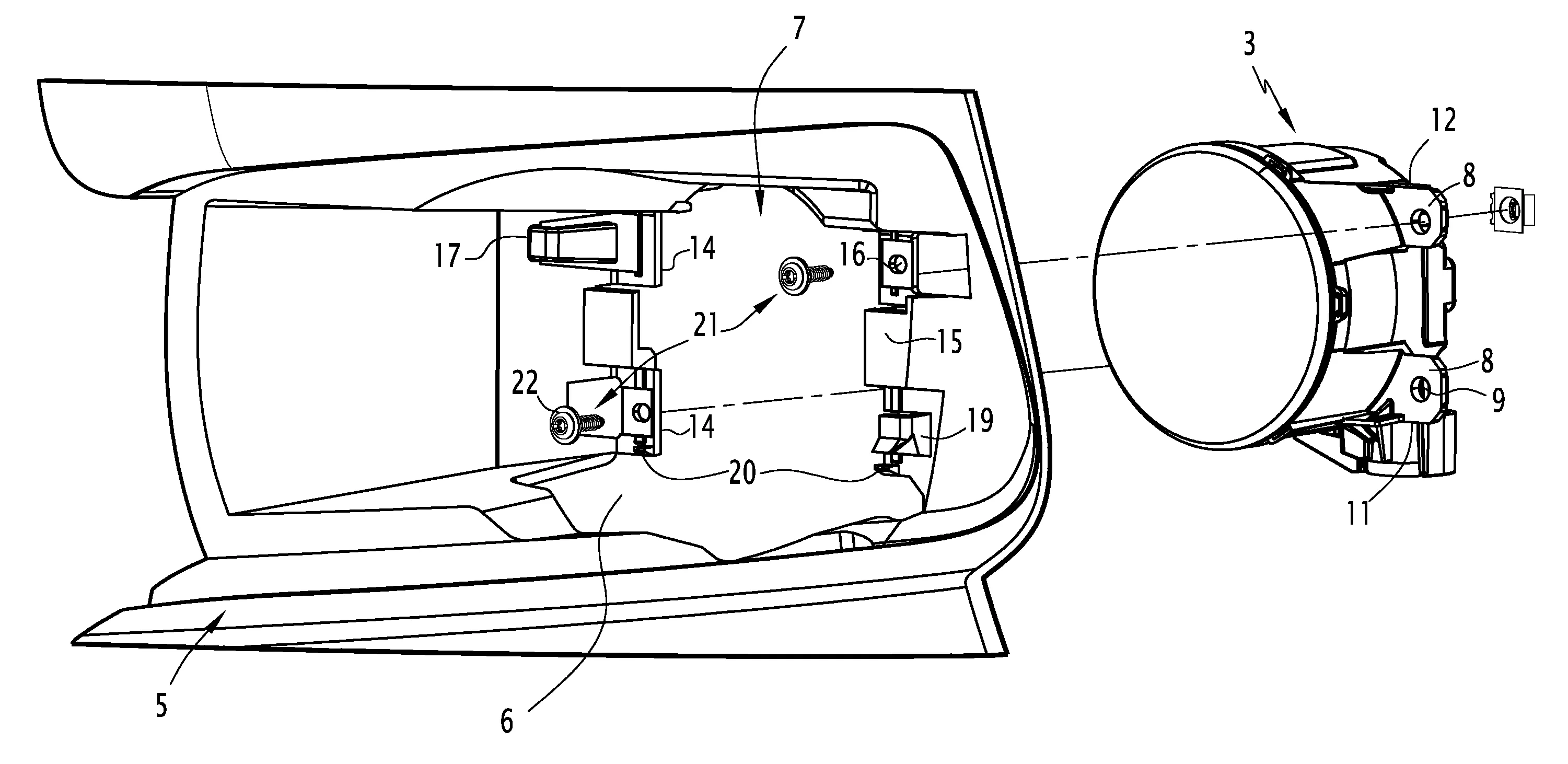 Interface de fixation pour dispositif d'eclairage sur une piece de carrosserie de vehicule automobile