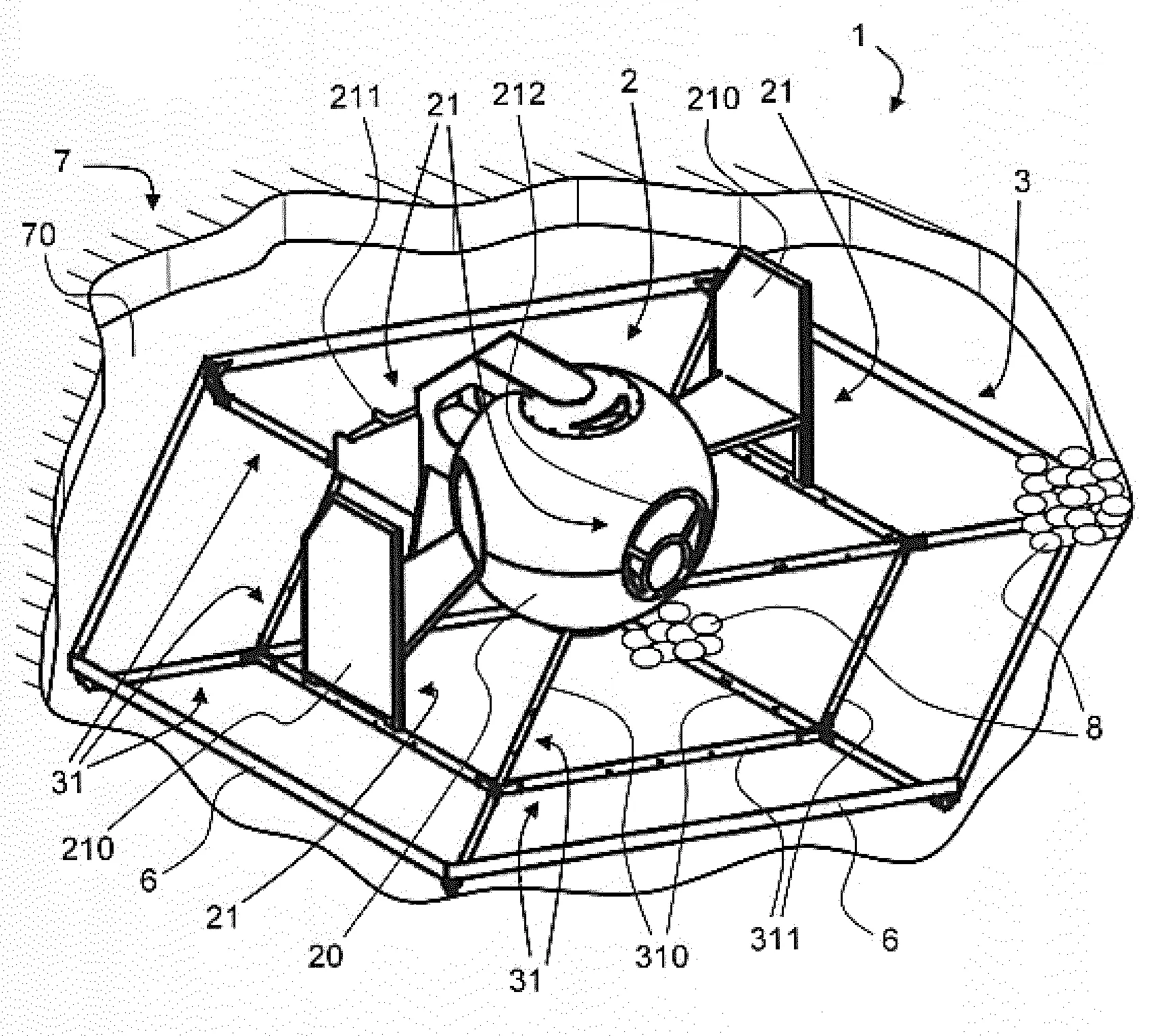Systeme de realisation d'une aire de jeux comportant une excavation dans laquelle repose une structure porteuse formant liaison au sol d'un module recreatif