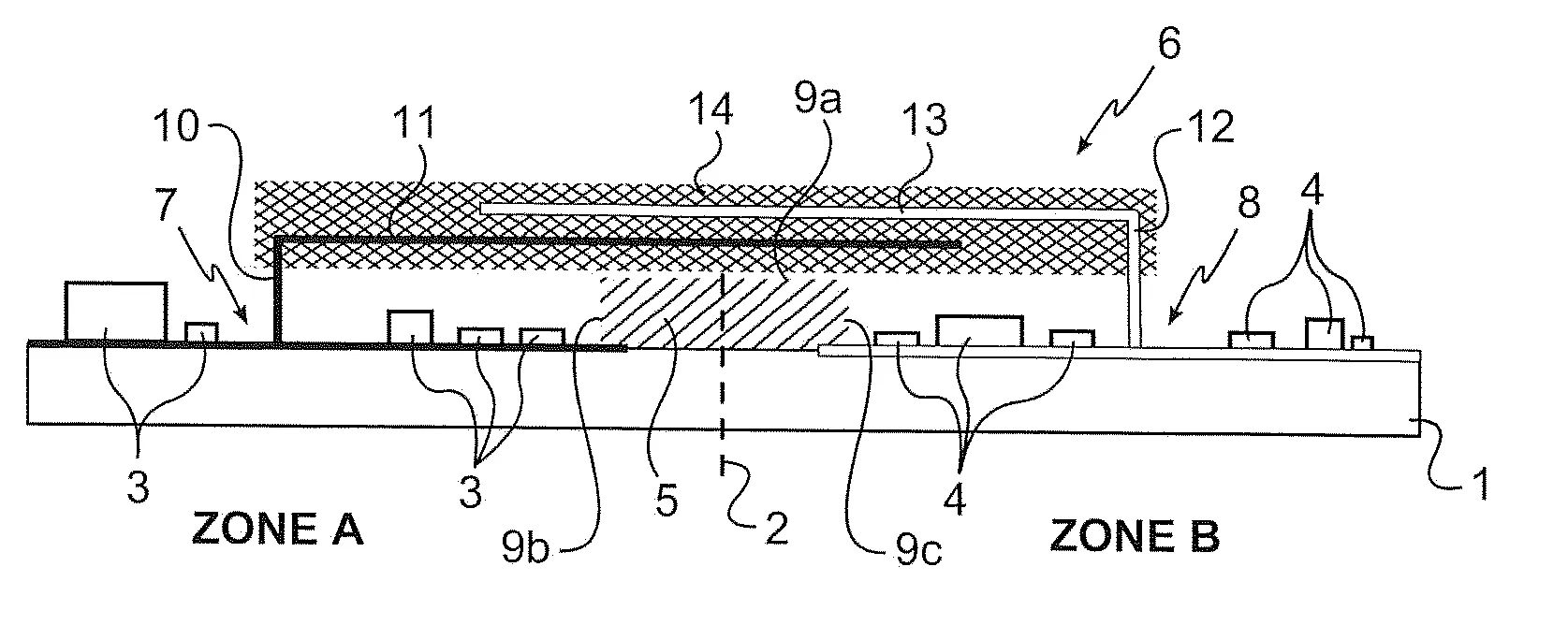 Support comportant un composant recouvert d'un blindage