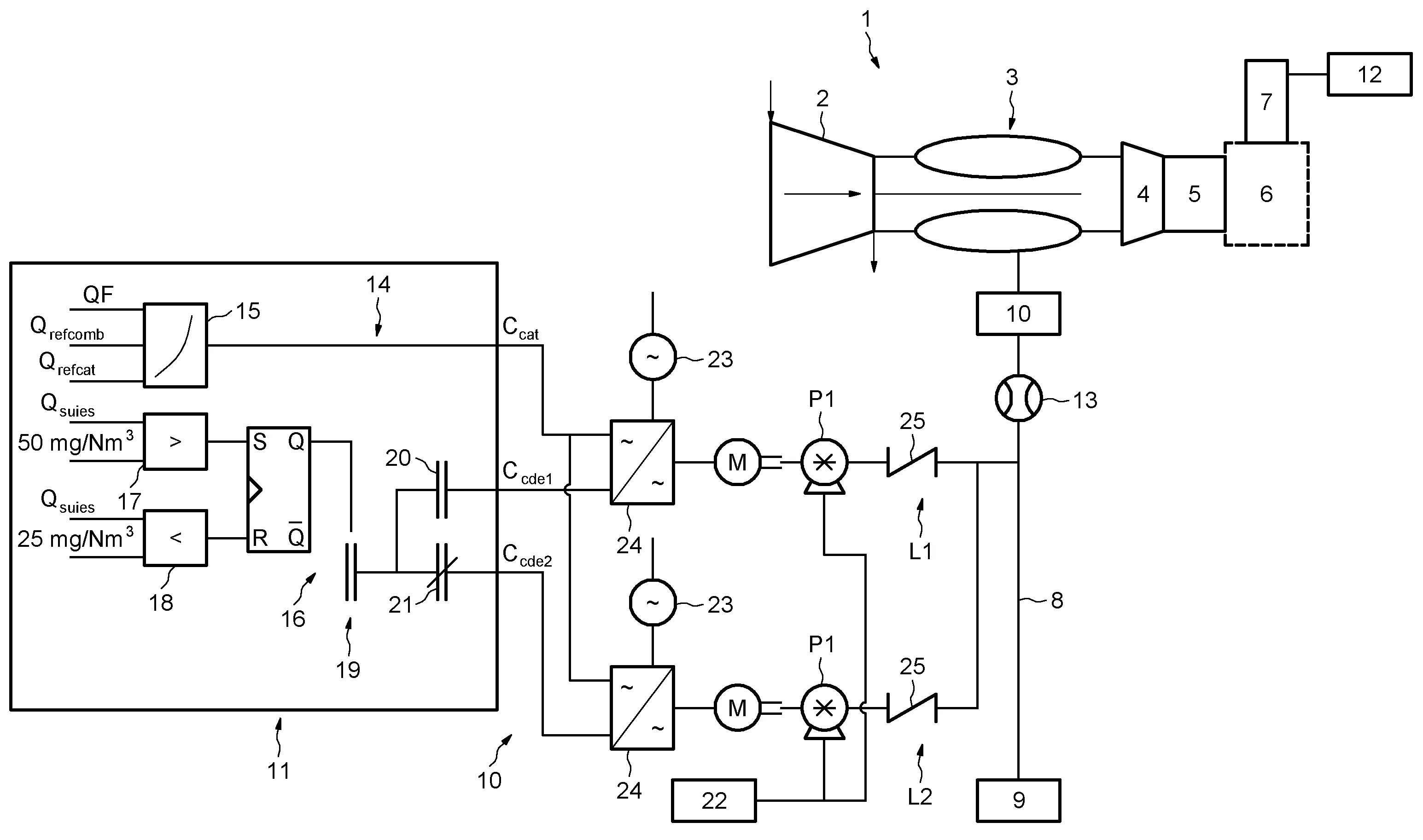 Procede et installation de controle de la quantite de particules solides emises par une turbine a combustion