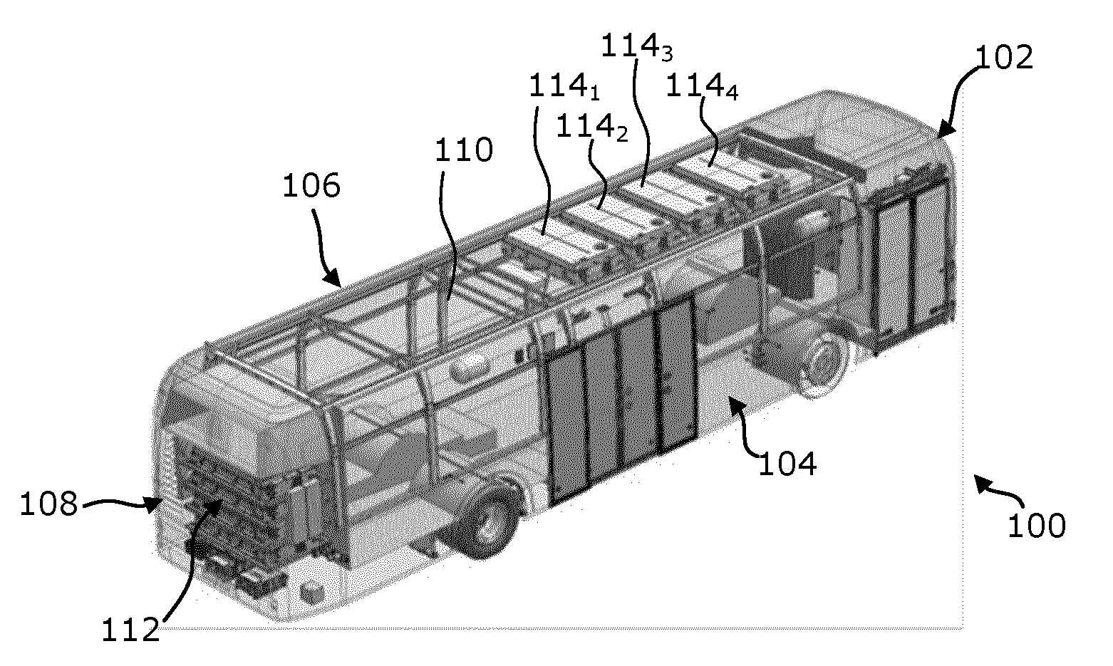 Vehicule electrique terrestre de transport en commun, de type bus, muni de modules de stockage d'energie electrique superieurs.
