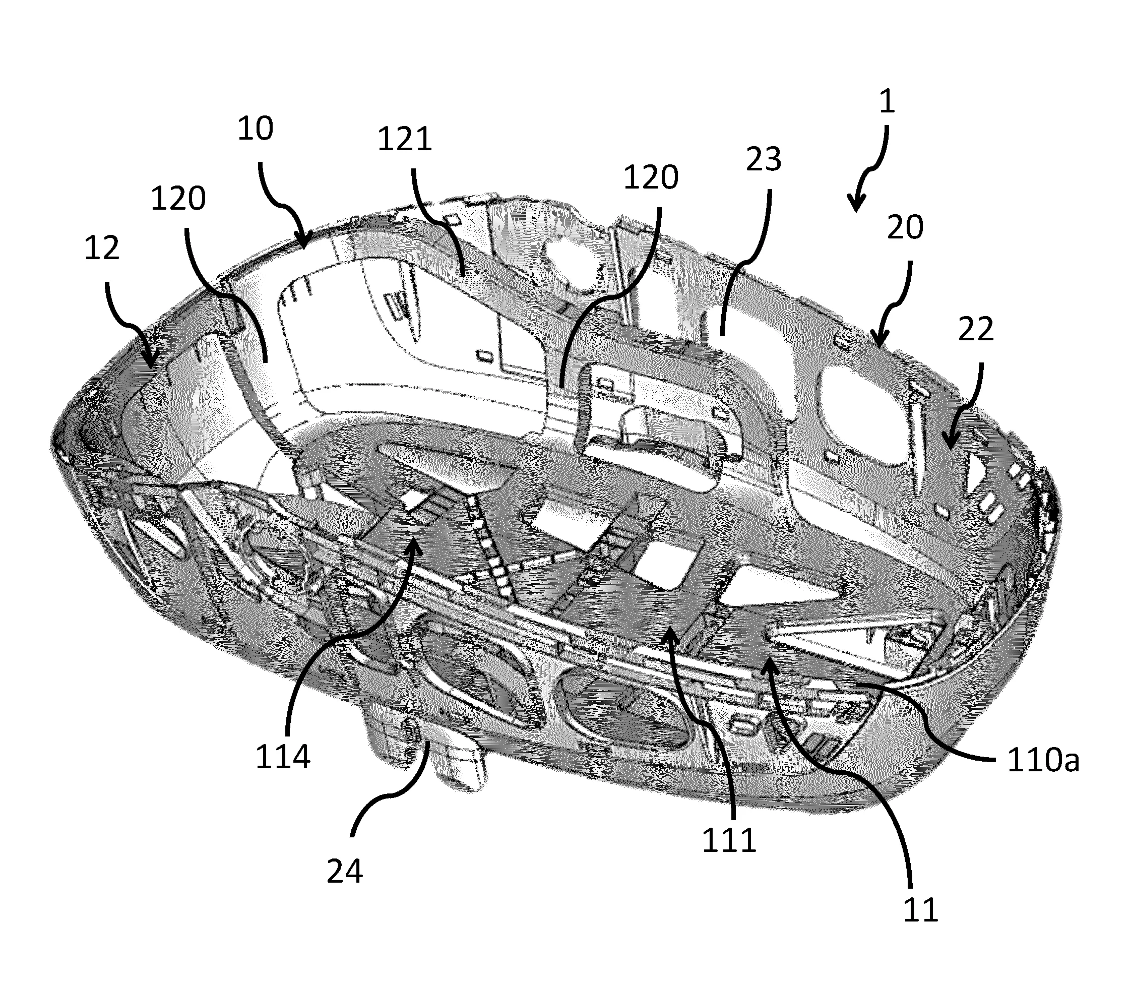 Nacelle pour enfant presentant une armature interne a structure asymetrique