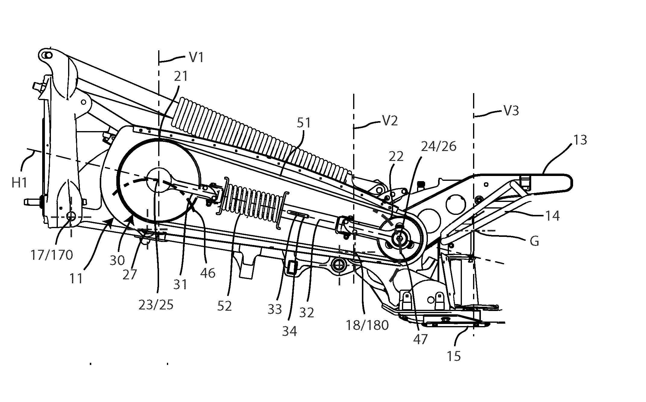 Machine agricole, notamment faucheuse ou broyeur d'accotement, comportant un groupe de travail repliable et un ensemble d'entrainement a poulies