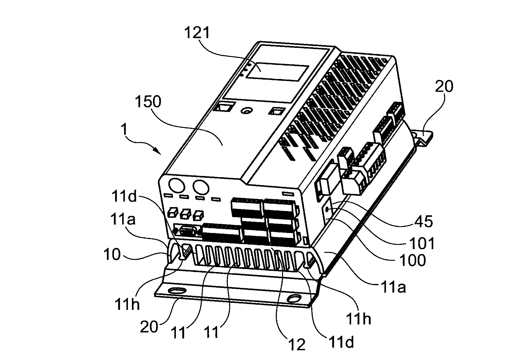 Ensemble comportant un dispositif electronique, notamment variateur de vitesse ou regulateur d'alternateur et deux ensembles d'elements de formes differentes pour la fixation du dispositif
