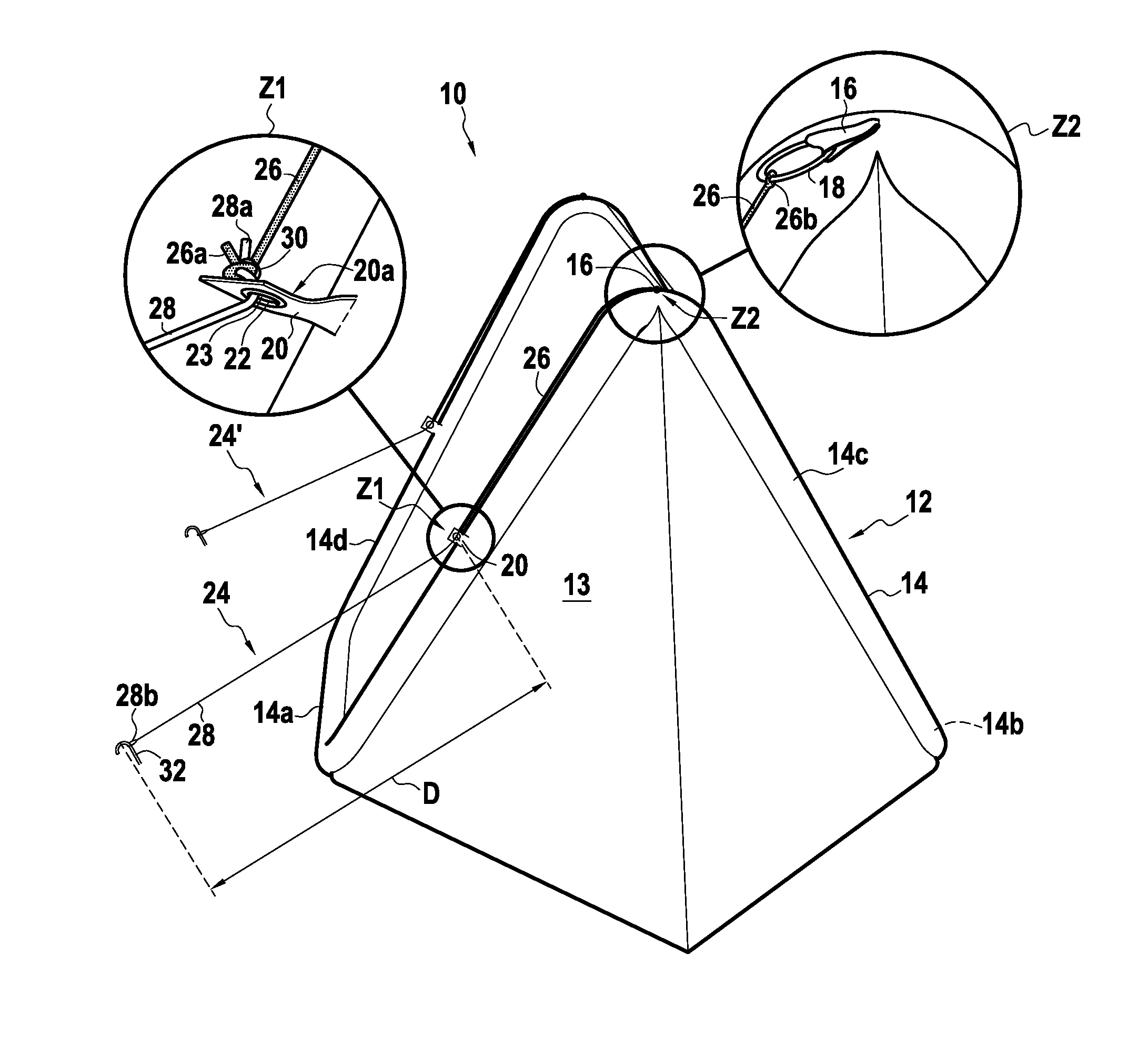 Tente comprenant un hauban retractable