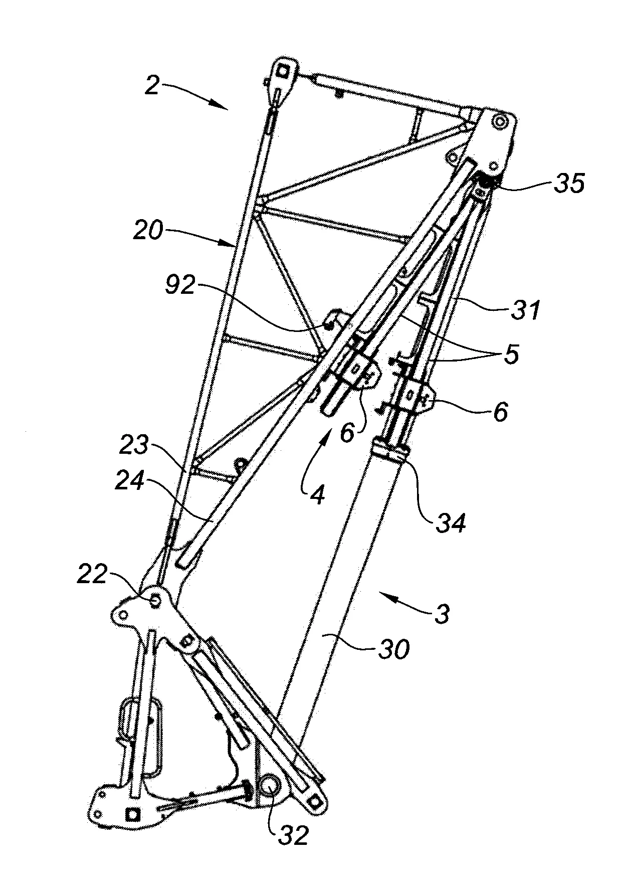 Grue a fleche relevable avec dispositif de verrouillage de la fleche en configuration relevee